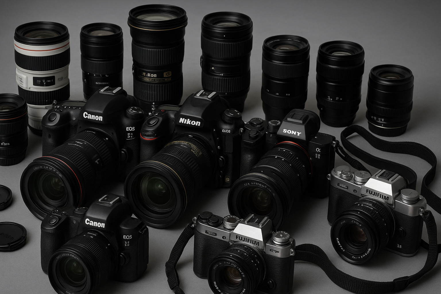 image de couverture de plusieurs appareils photographies et objectifs de plusieurs marque différentes