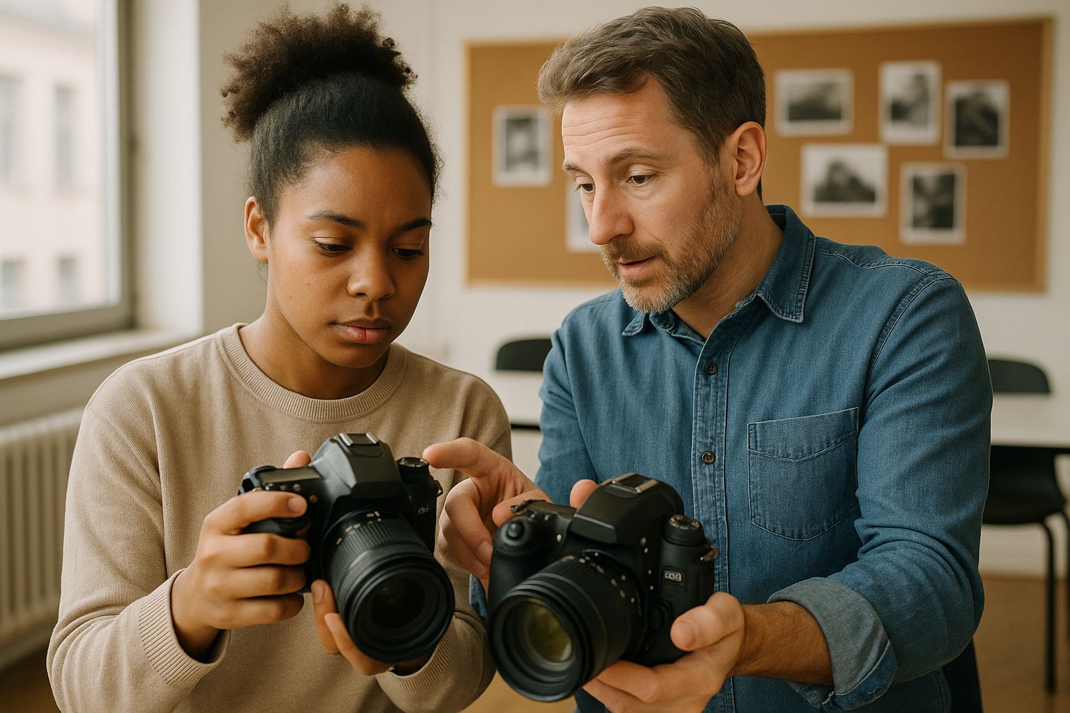 image de deux personnes qui apprennent la photographie et qui tient un appareil photographie en main